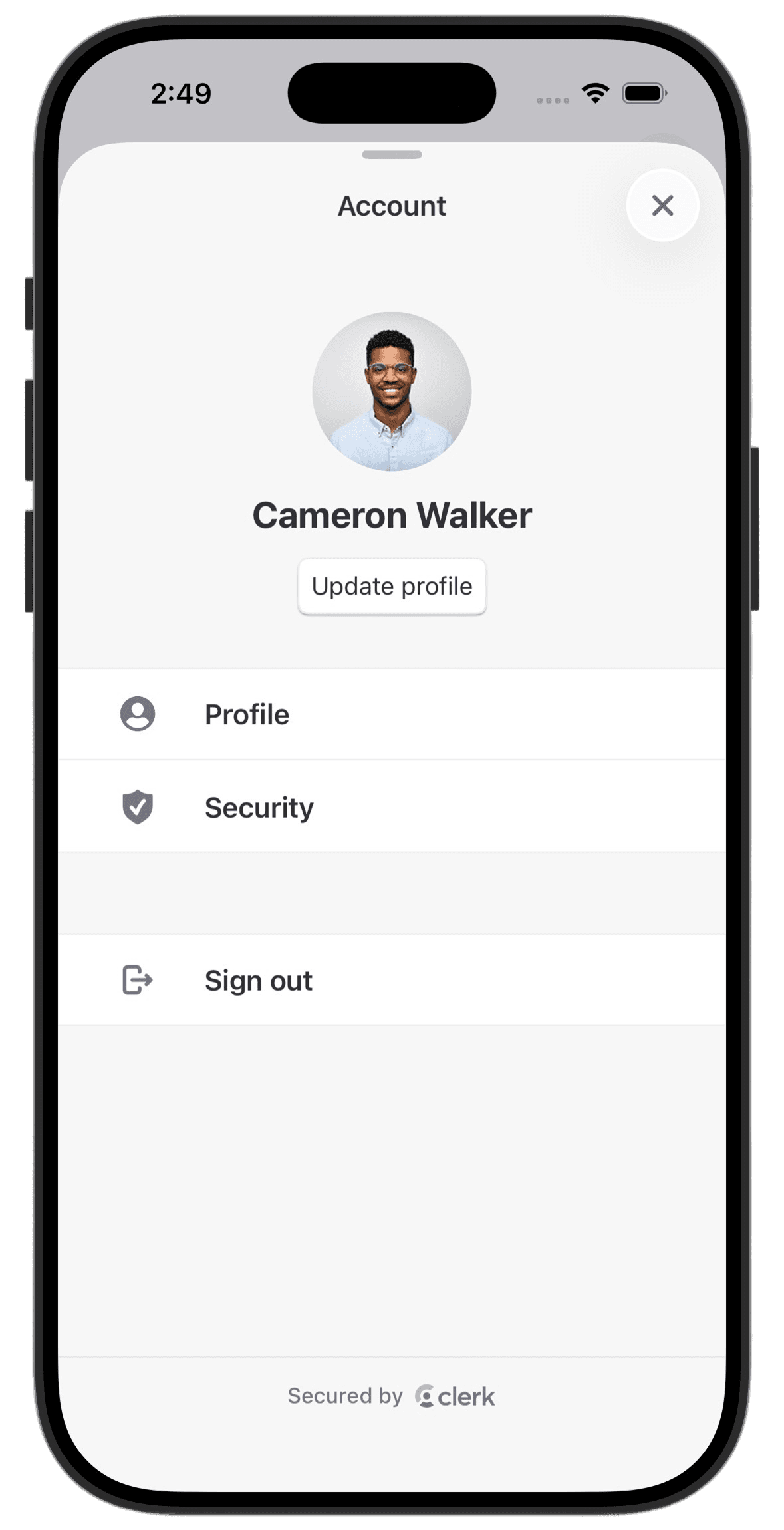 The UserProfileView component renders a comprehensive user profile interface that displays user information and provides account management options.