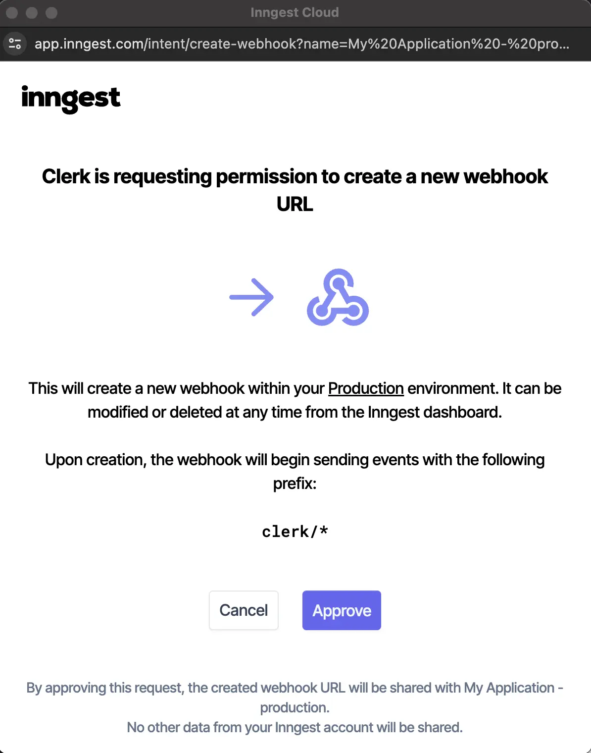 The Inngest permissions popup window showing the Approve button