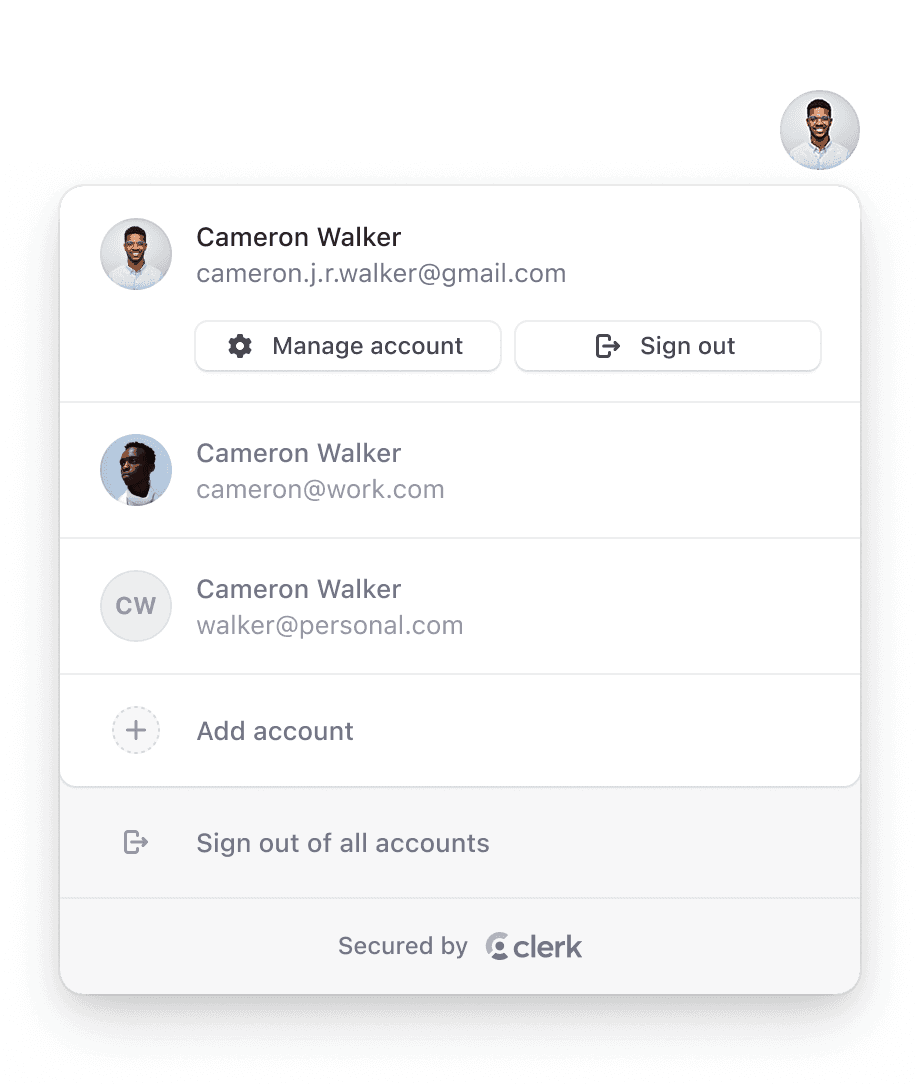 The <UserButton /> component renders the familiar user button UI popularized by Google.