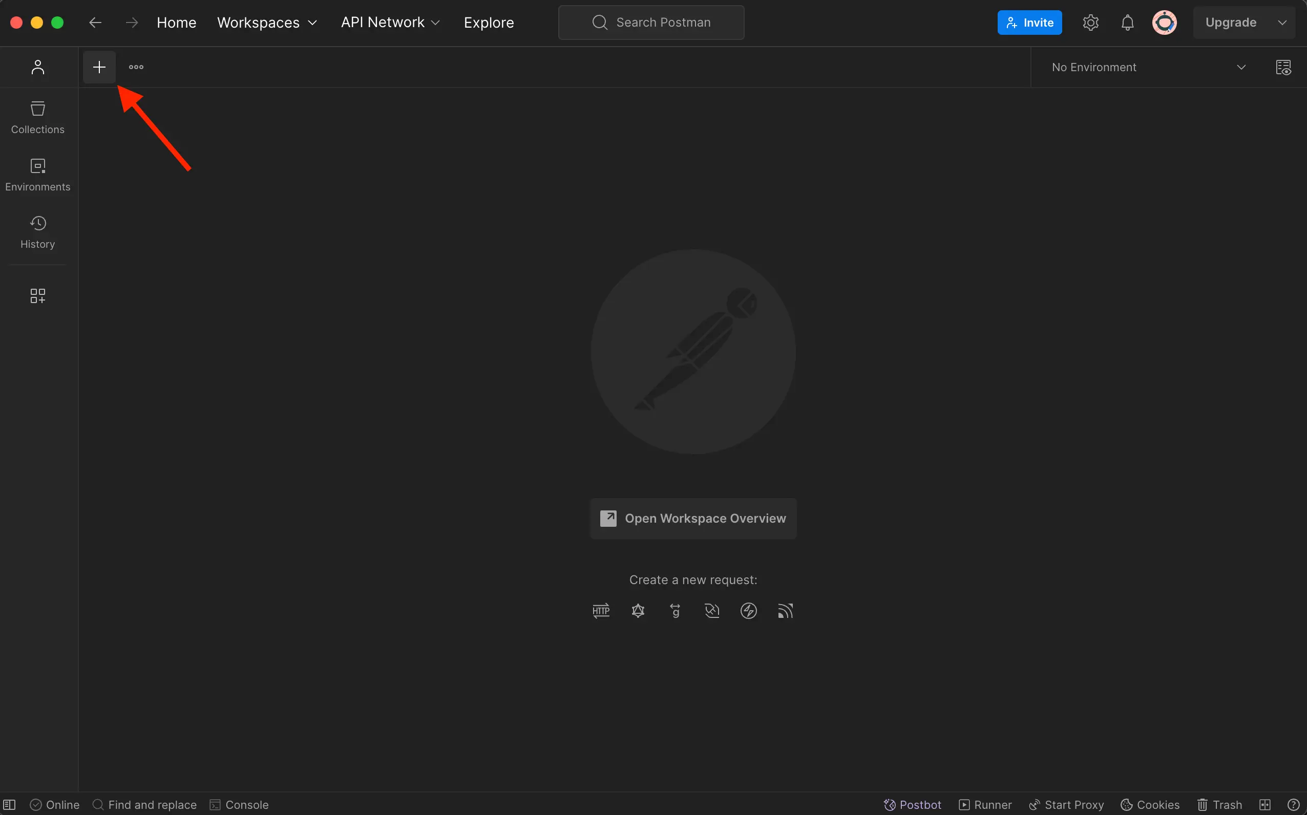 The Postman app with a red arrow pointing at the plus icon in the top-left corner