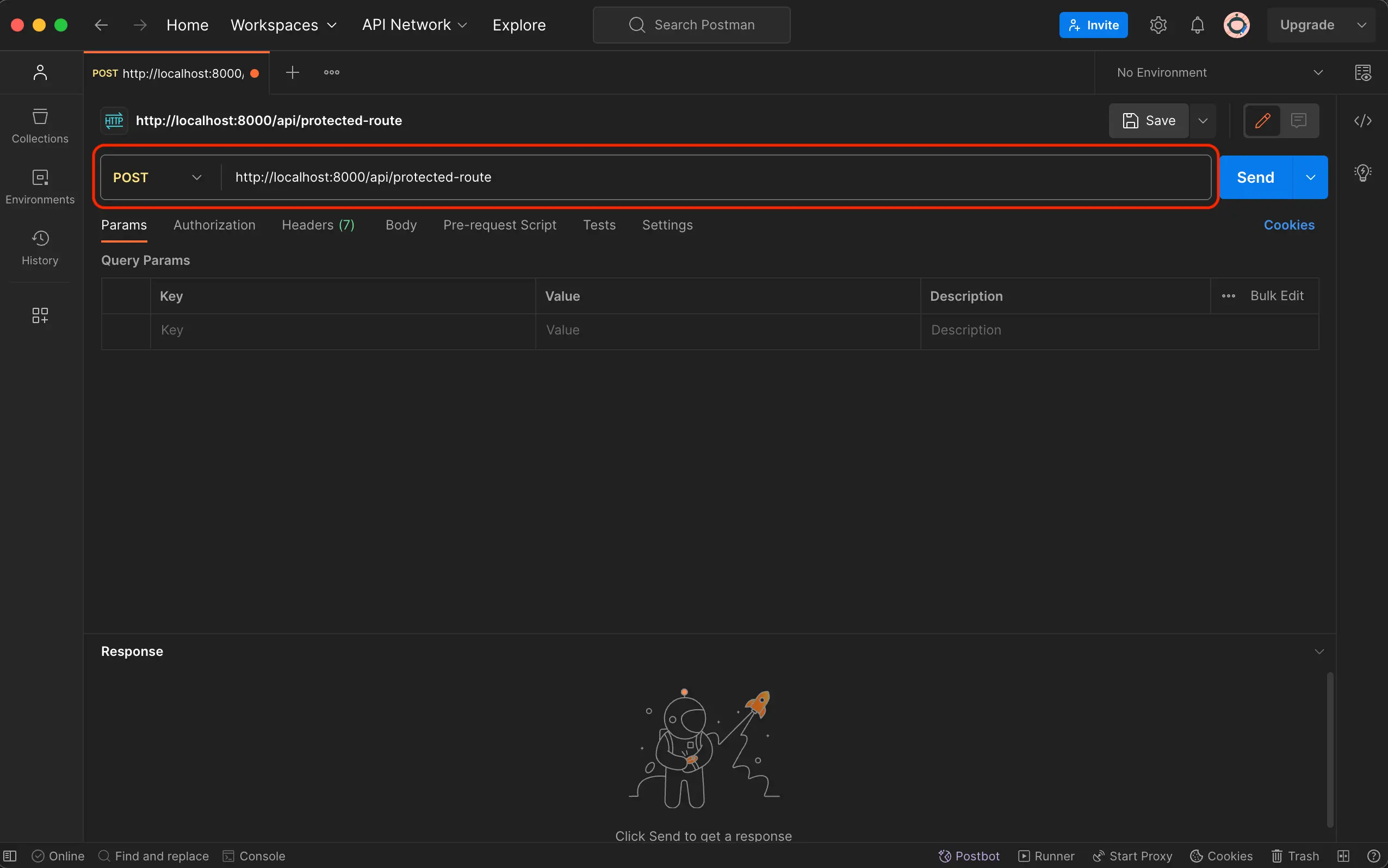 The Postman app with a red box around the method and URL field