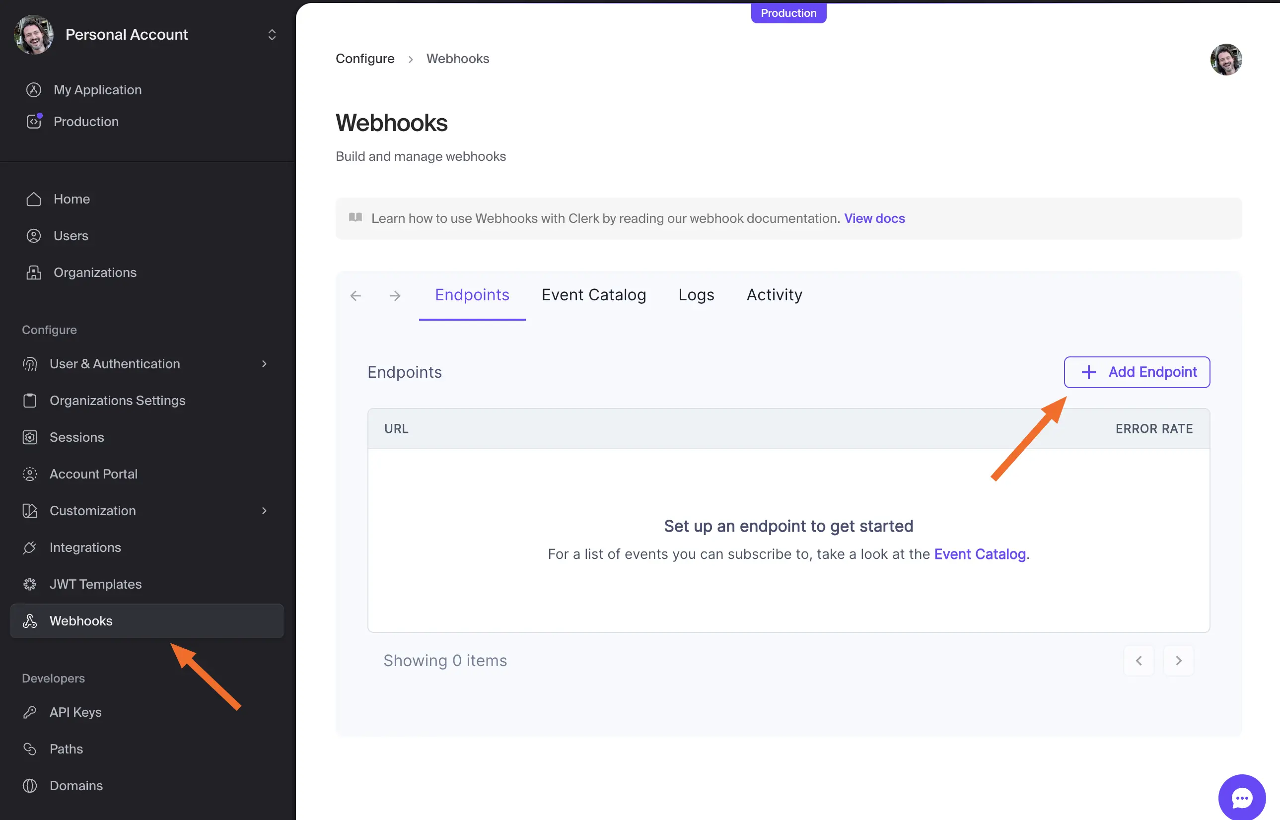 The Webhooks page in the Clerk Dashboard. A red arrow points to the button for Add Endpoint