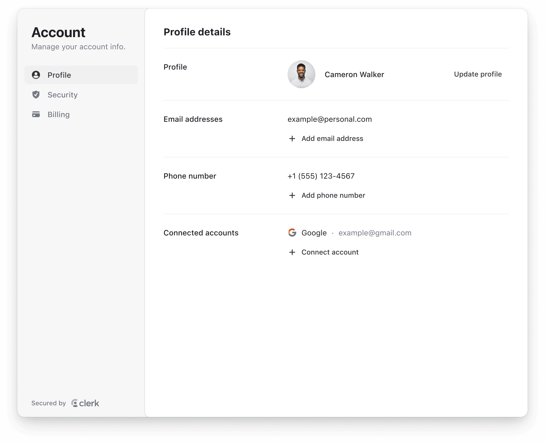 The <UserProfile /> component renders a full-featured account management UI that allows users to manage their profile and security settings.
