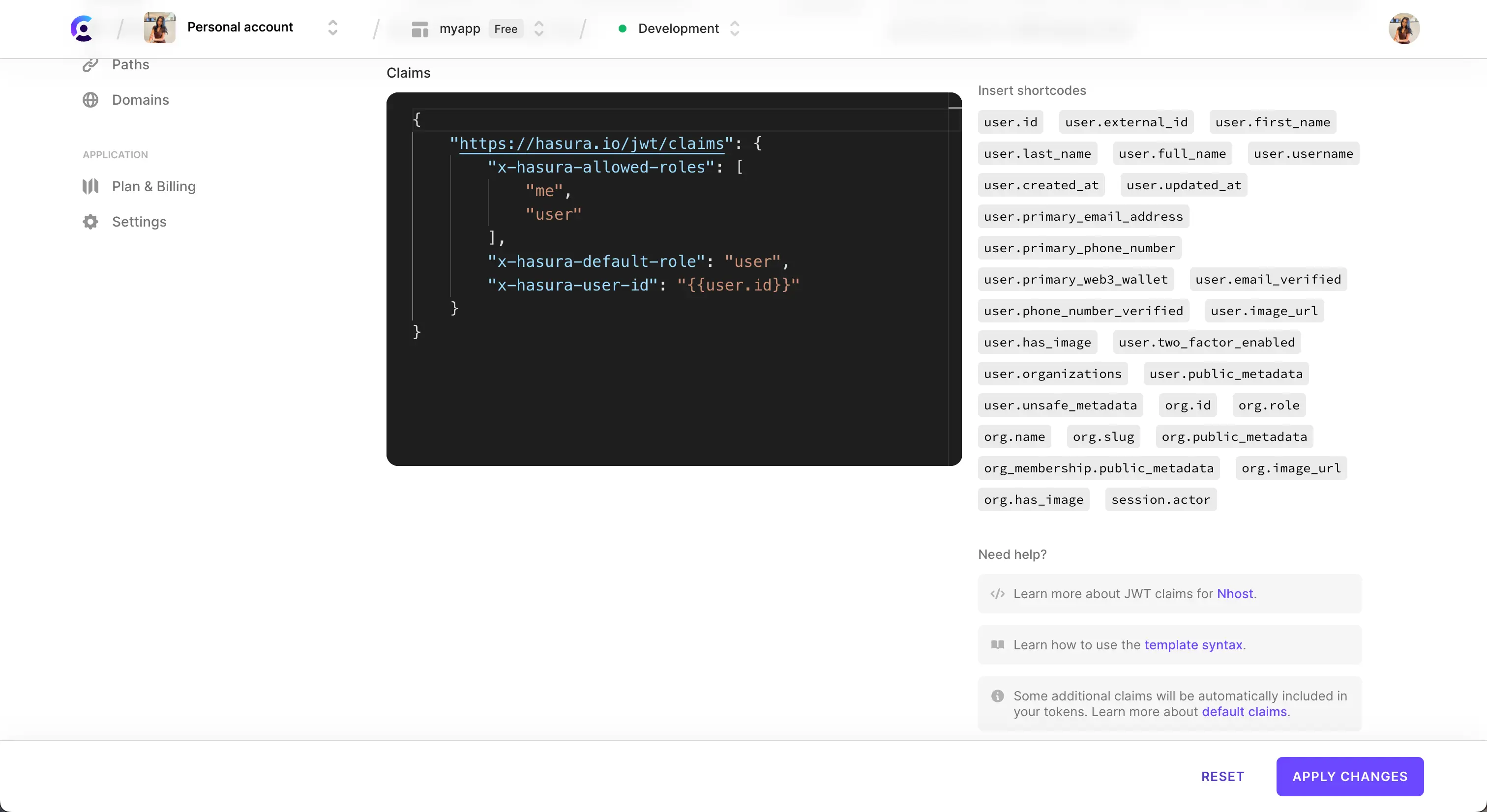 The 'Create new template' page of the JWT templates page in the Clerk Dashboard. The page is scrolled down to the 'Claims' section