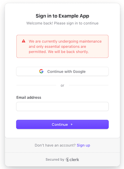 The <SignIn /> component with a maintenance mode error.
