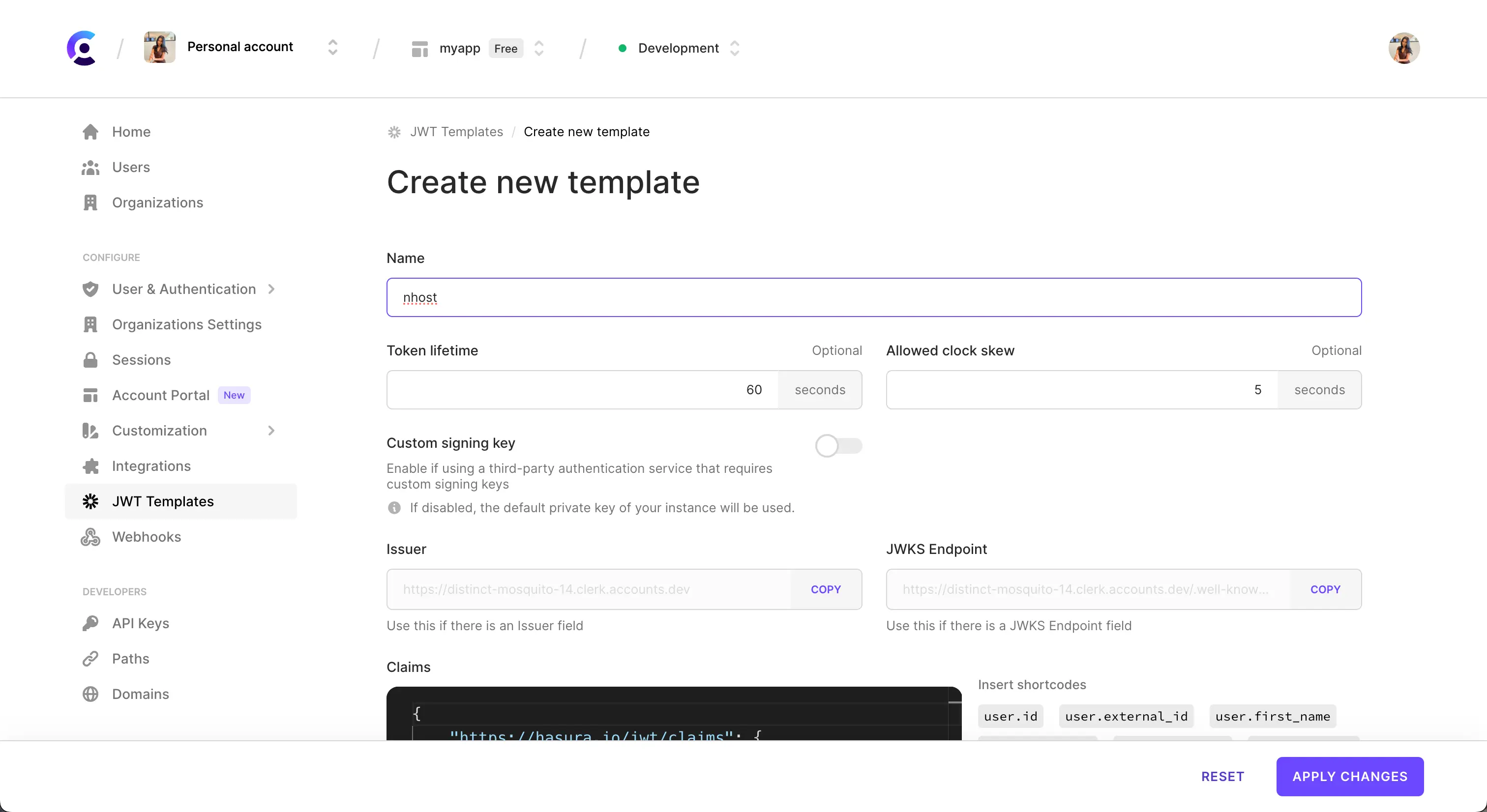 The 'Create new template' page of the JWT templates page in the Clerk Dashboard