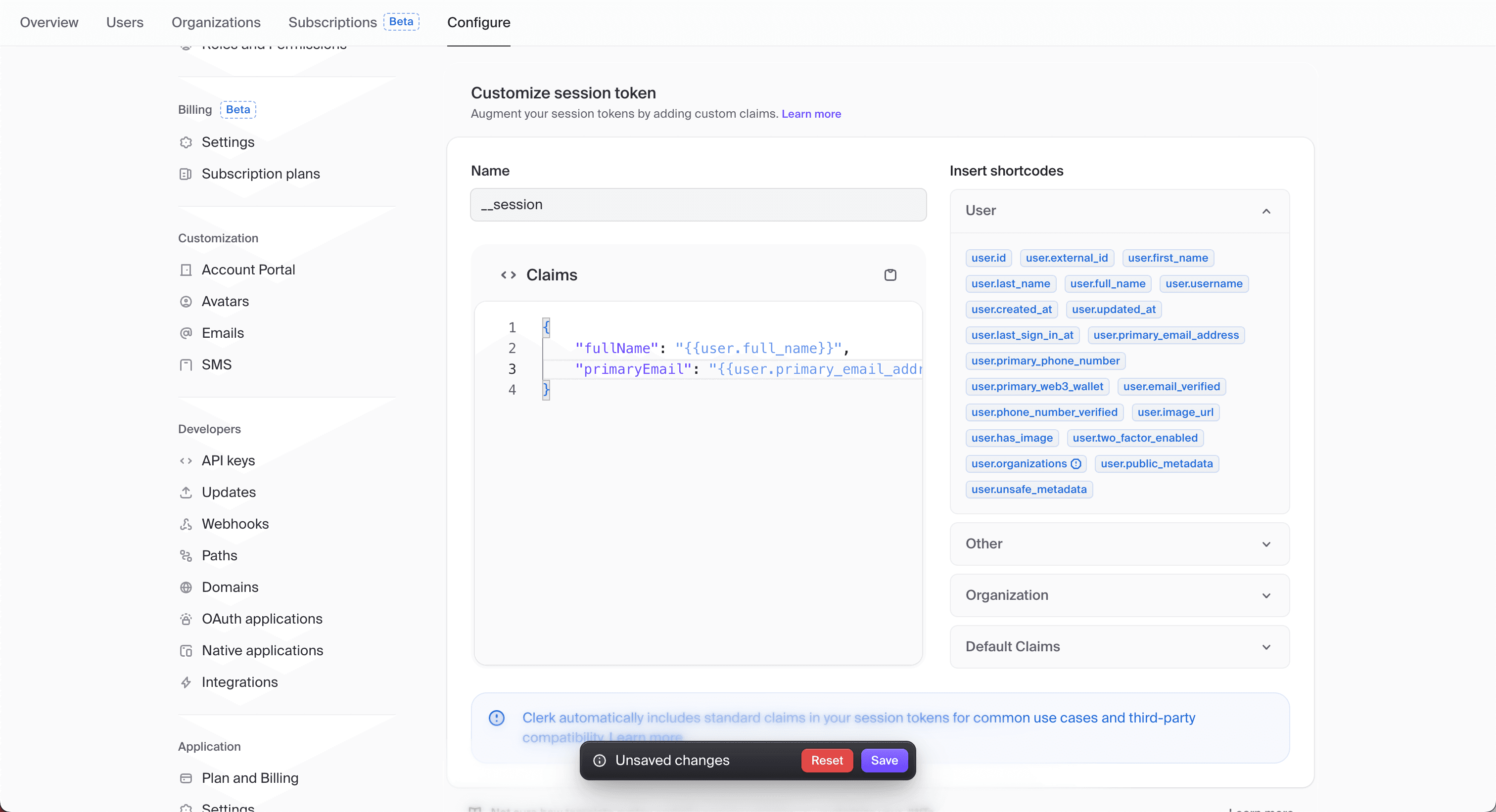 Clerk Dashboard showing the custom claim modal