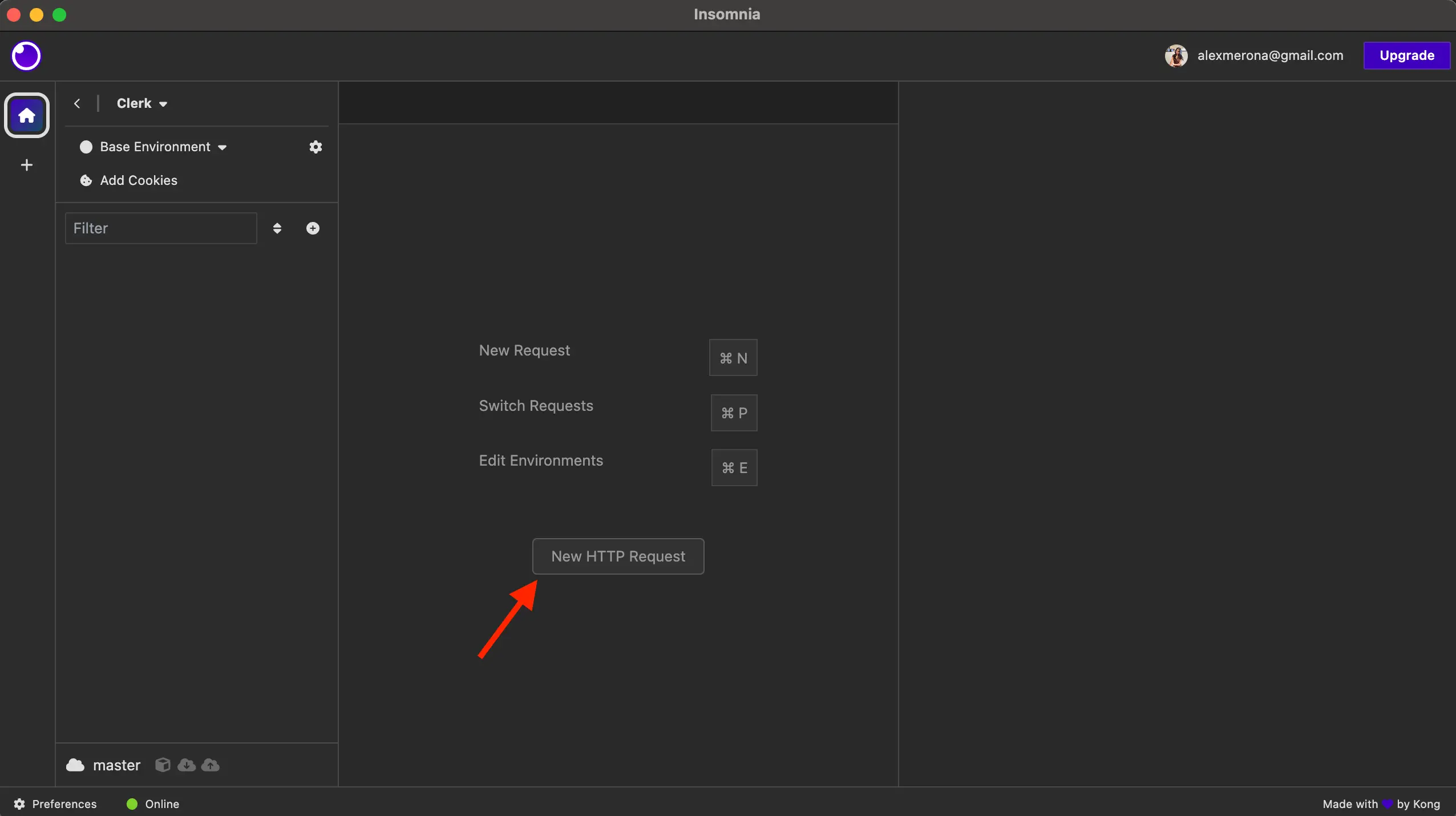 The Insomnia app with a red arrow pointing at the 'New HTTP Request' button