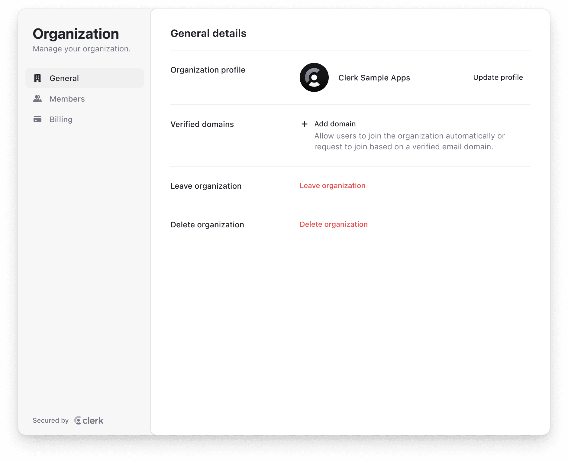 The <OrganizationProfile /> component allows users to manage their organization membership and security settings.