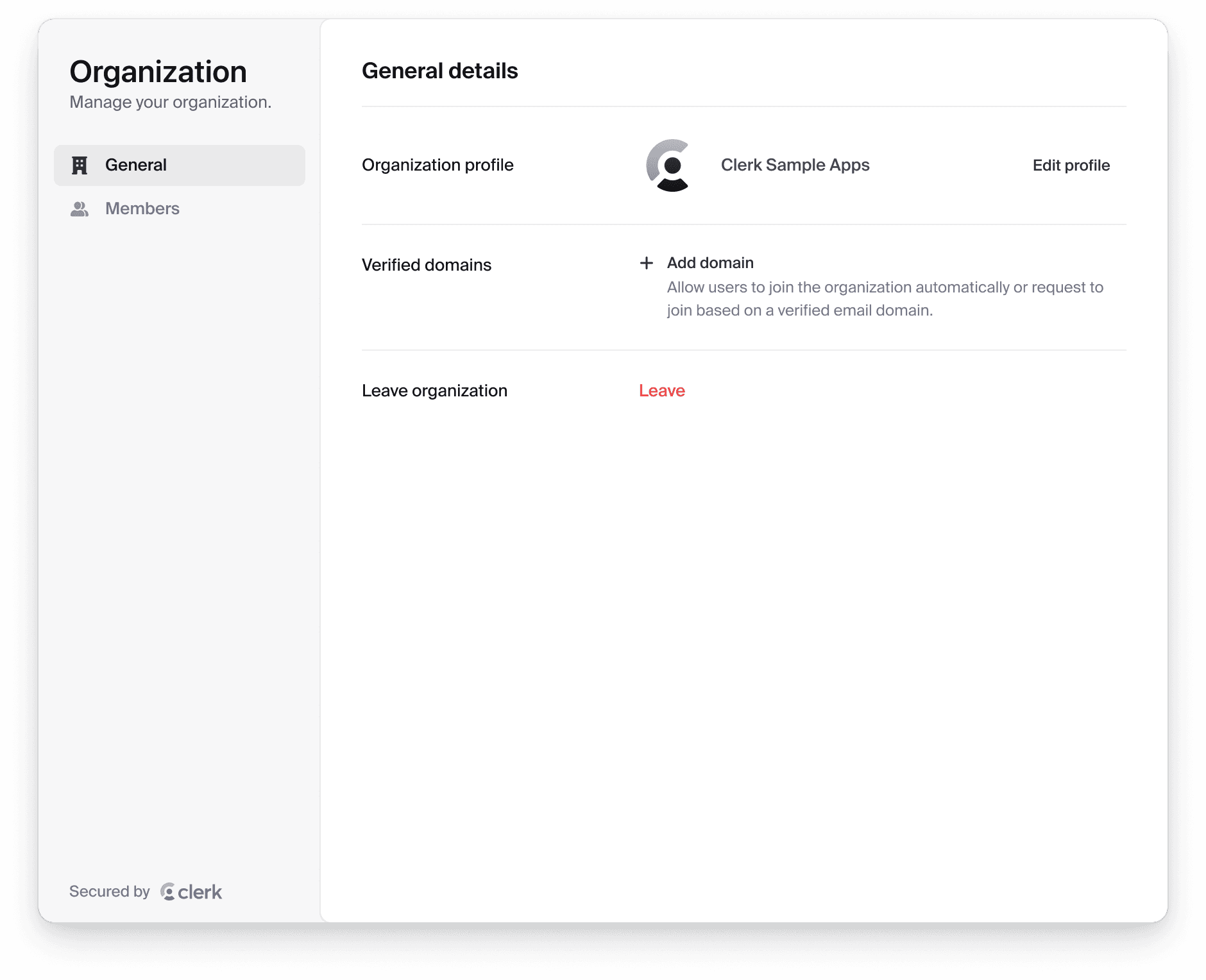 The <OrganizationProfile /> component allows users to manage their organization membership and security settings.