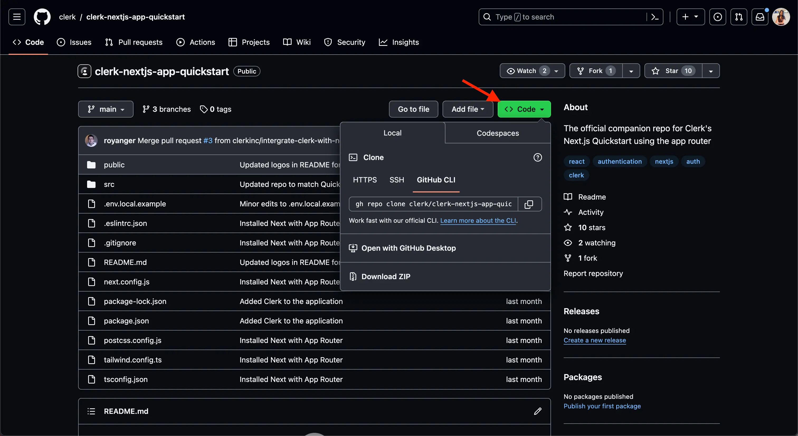 The 'clerk-nextjs-app-quickstart' repository page with the 'Code' button clicked on and its drop down menu is opened. There is a red arrow pointing to the 'Code' button